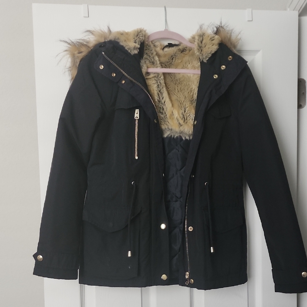 Topshop Black and Cream Puffer Jacket with Faux Fur Hood